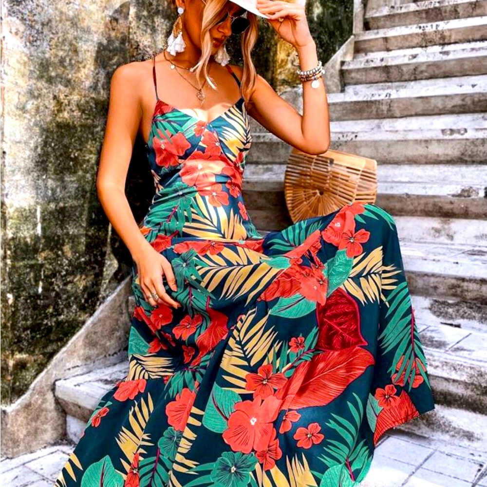 Tropical Print Criss Cross Backless Cami Dress